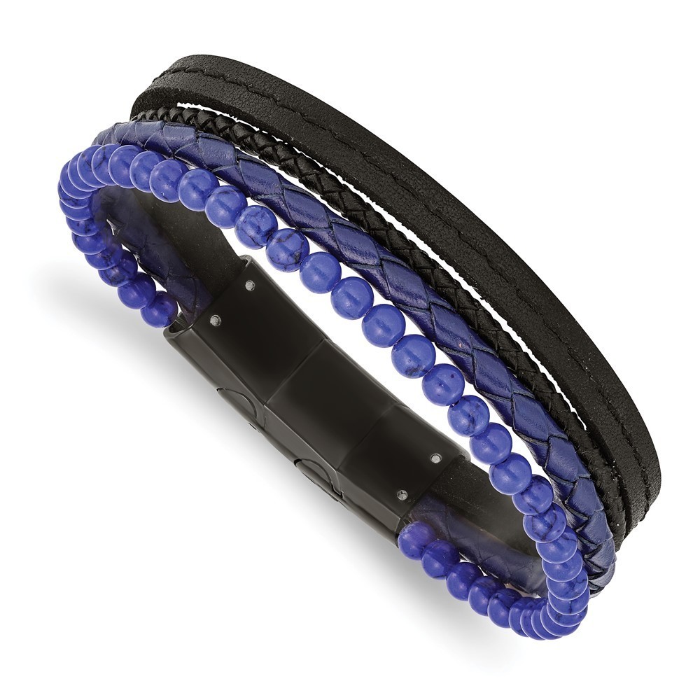 Stainless Steel Black IP Lapis Beaded Black Blue Leather 8" Bracelet w  .5" Ext